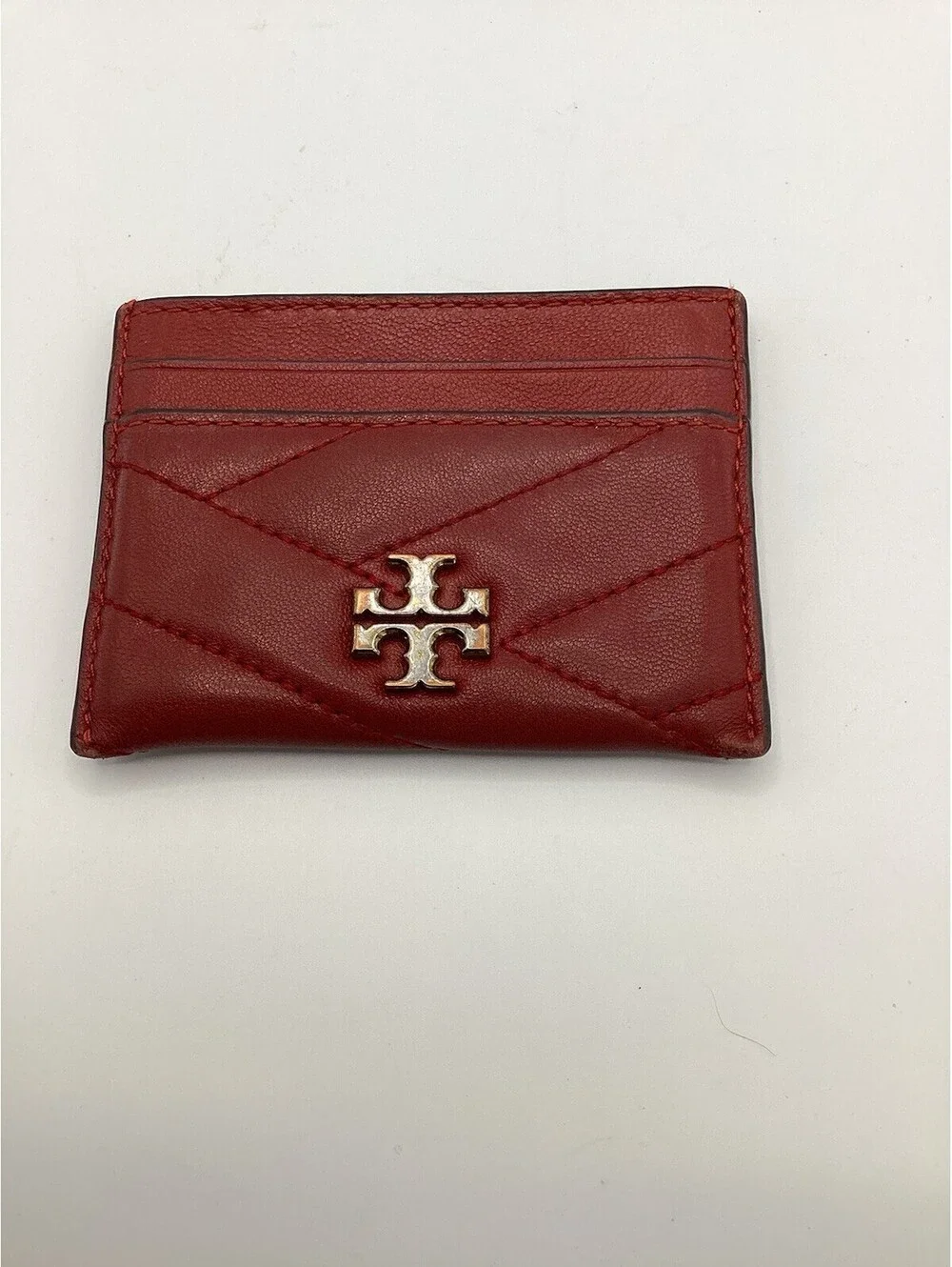 Preowned Tory Burch Chevron Card Holder Diagonal Quilted Red